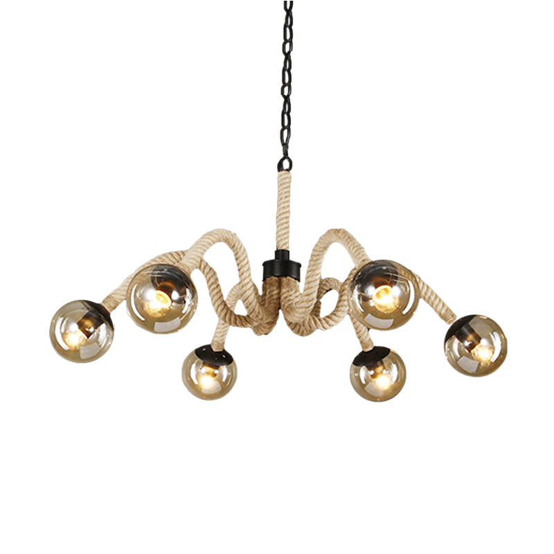 Industrial Beige Rope Chandelier With Tan Glass Shades - 6 Head Ceiling Light For Bars