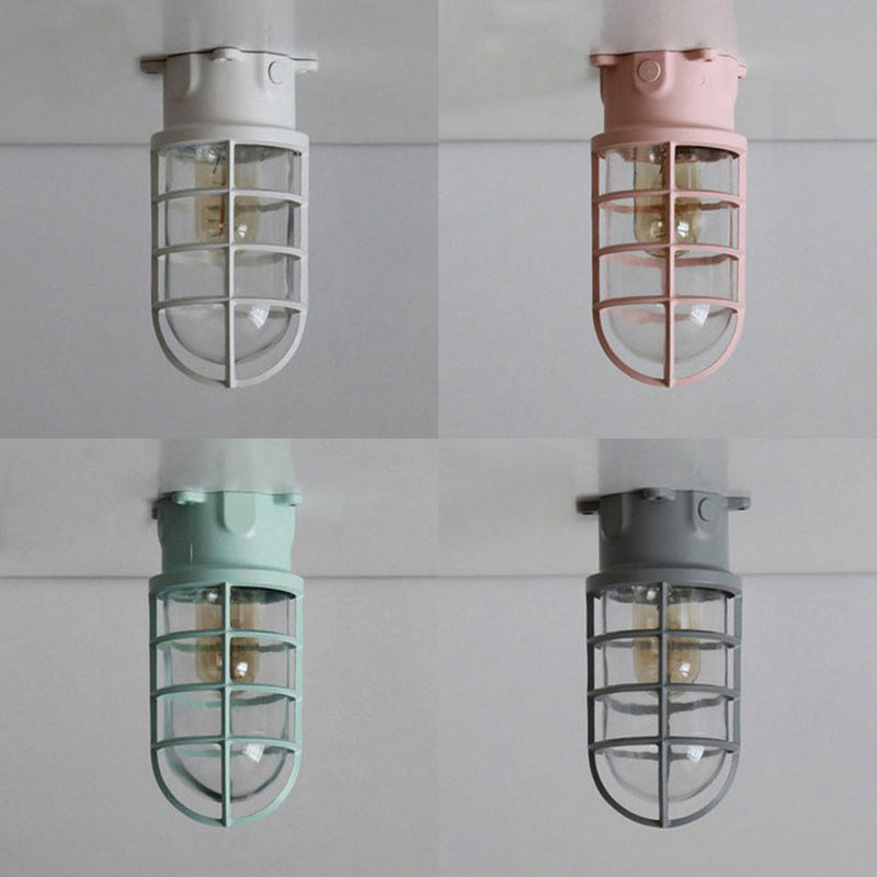 Industrial Flush Mount Ceiling Light With Clear Glass Cylinder Shade In Black/White/Pink - 1