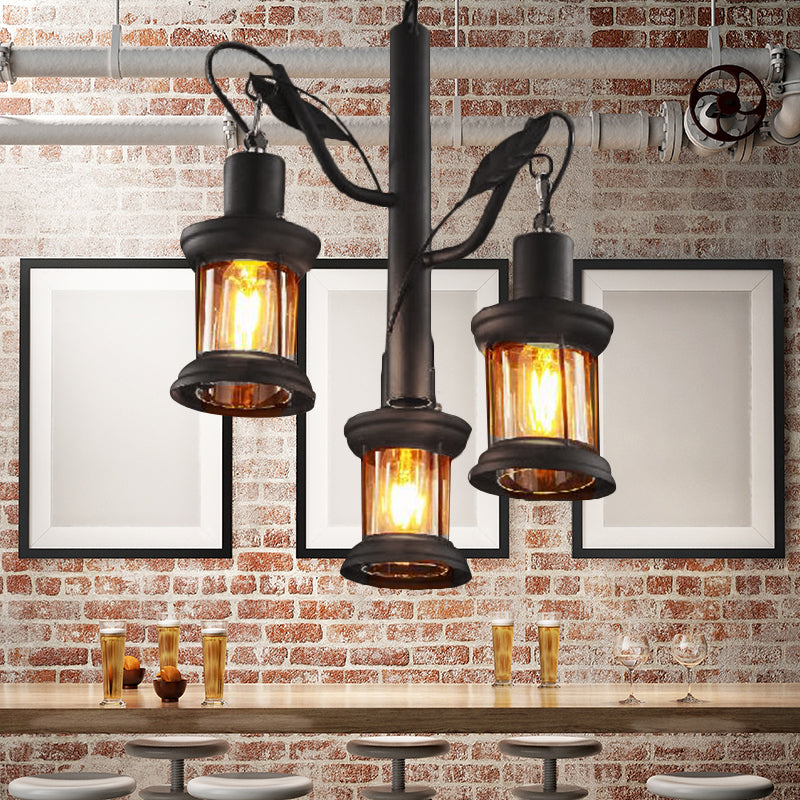 Coastal Lantern Pendant Chandelier - 3-Light Ceiling Fixture with Clear Glass in Black