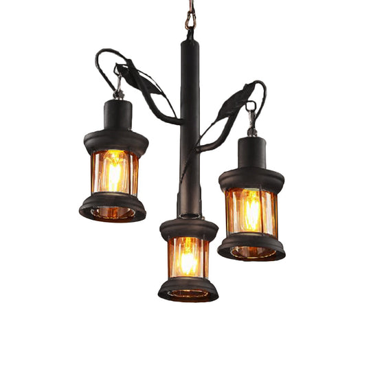 Coastal Black Lantern Chandelier With Clear Glass Pendant And 3 Lights - Ceiling Fixture