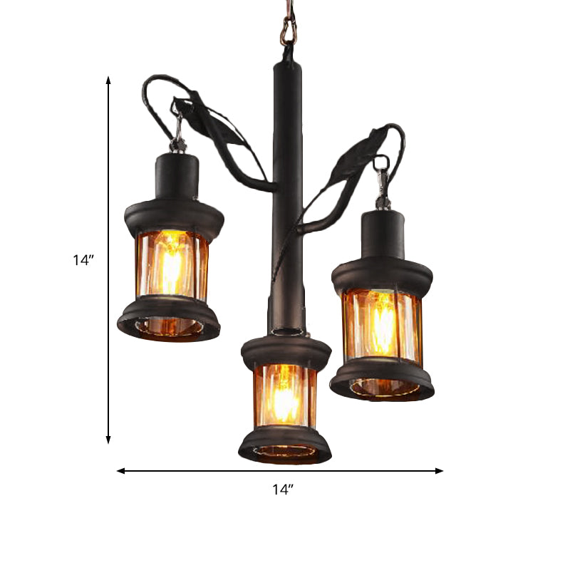 Coastal Lantern Pendant Chandelier - 3-Light Ceiling Fixture with Clear Glass in Black