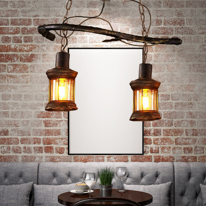 Rustic Kerosene Island Lamp: 2 Lights Clear Glass Antique Brass Finish - Perfect For Coffee Shop