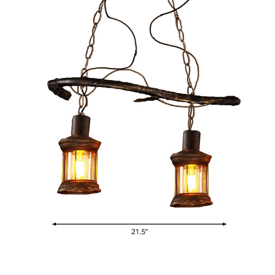 Rustic Kerosene Island Lamp: 2 Lights Clear Glass Antique Brass Finish - Perfect For Coffee Shop