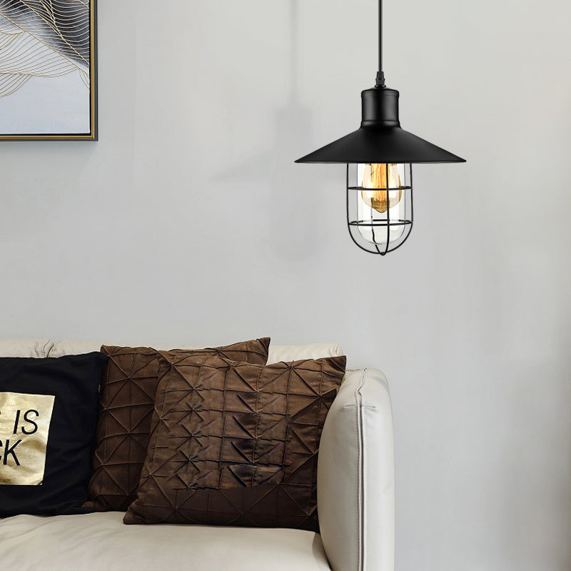 Nautical Style Cone Metal Pendant Light With Wire Guard - 1 Bulb Black Finish 3 Sizes (10.5 11 14.5)