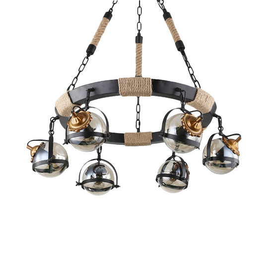 Globe Chandelier Lamp: Farmhouse Style 6/8-Light Rope Hanging Light with Amber Glass Shade - Ideal for Restaurants in Black