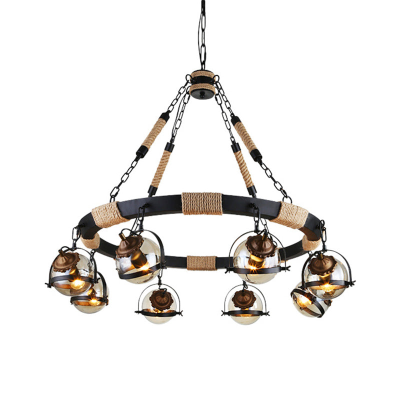 Globe Chandelier Lamp: Farmhouse Style 6/8-Light Rope Hanging Light with Amber Glass Shade - Ideal for Restaurants in Black