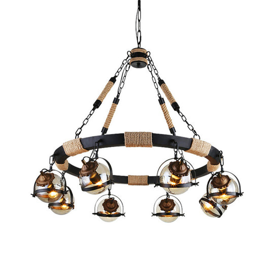 Globe Chandelier Lamp: Farmhouse Style 6/8-Light Rope Hanging Light with Amber Glass Shade - Ideal for Restaurants in Black