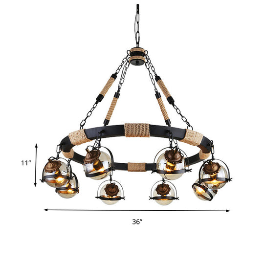 Globe Chandelier Lamp: Farmhouse Style 6/8-Light Rope Hanging Light with Amber Glass Shade - Ideal for Restaurants in Black