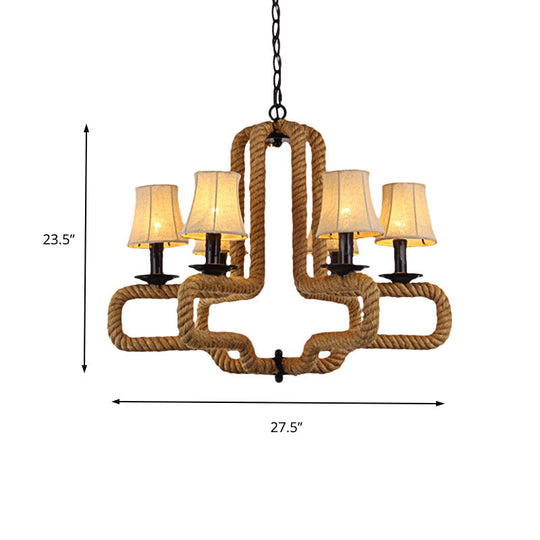 Loft Style 6-Head Brown Chandelier Light With Fabric Bell Shades And Rope Detail - Ideal For