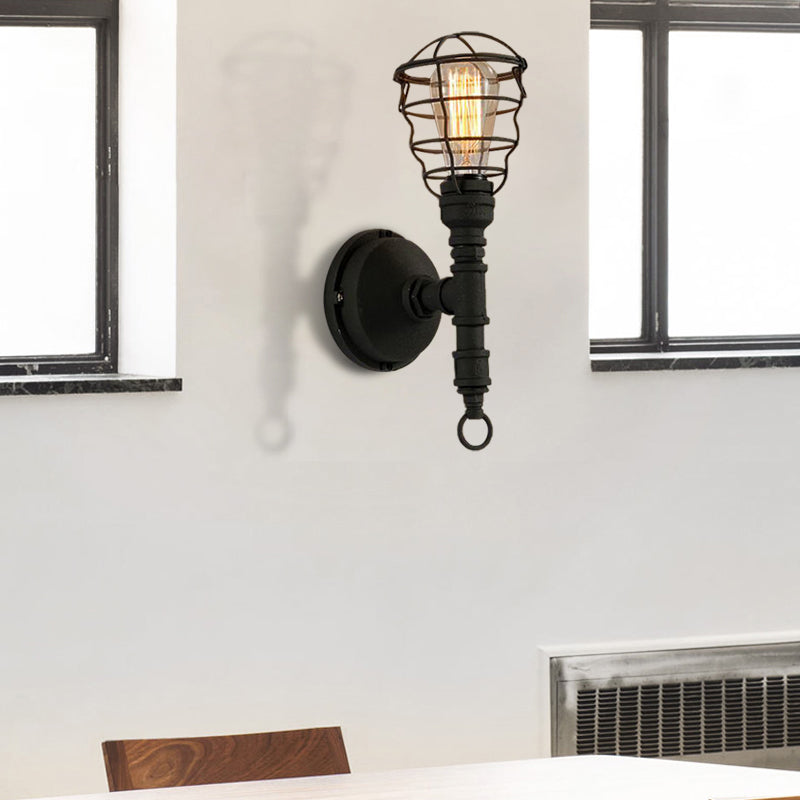 Vintage Industrial Caged Sconce Lamp - Metal Wall Mount Light With Water Pipe Black Finish For