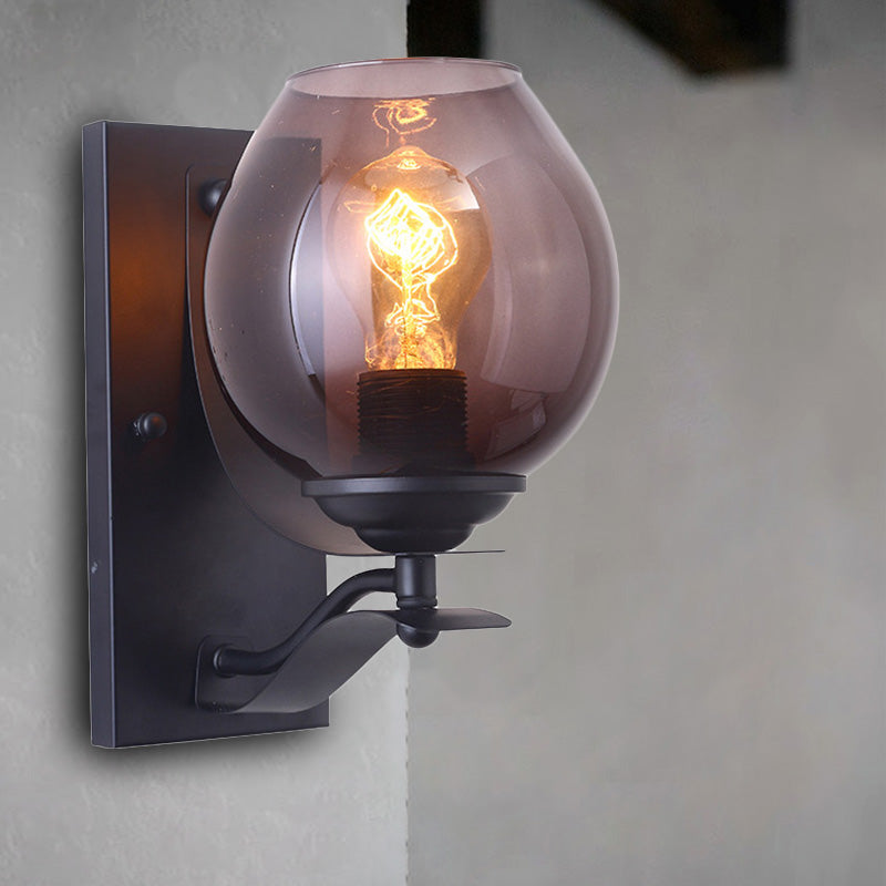 Industrial Black Wall Sconce With Grey Glass Orb Shade - Coffee Shop Light Fixture