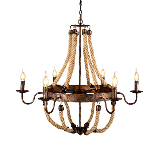 Rustic 6-Light Indoor Hanging Lamp: Flameless Candle Iron Chandelier With Hemp Rope - Farmhouse