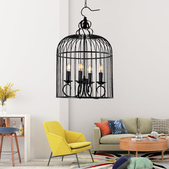 Farmhouse Birdcage Design Hanging Chandelier Lamp - 4-Head Metallic Fixture with Candle in Elegant Black