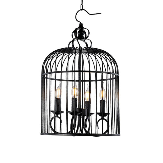 Farmhouse Birdcage Design Hanging Chandelier Lamp - 4-Head Metallic Fixture with Candle in Elegant Black