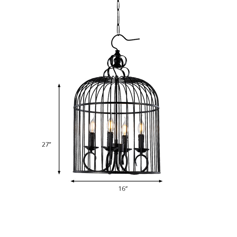 Farmhouse Birdcage Design Hanging Chandelier Lamp - 4-Head Metallic Fixture with Candle in Elegant Black