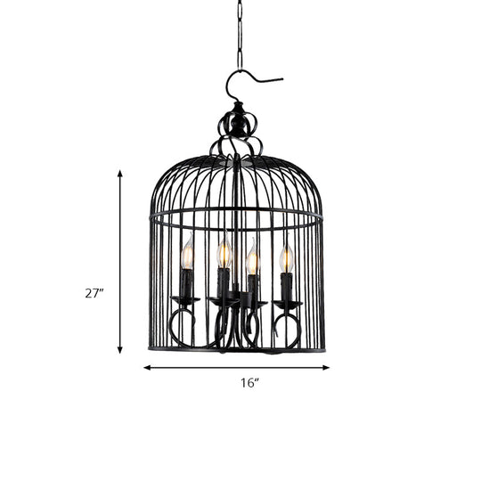 Farmhouse Birdcage Design Hanging Chandelier Lamp - 4-Head Metallic Fixture with Candle in Elegant Black