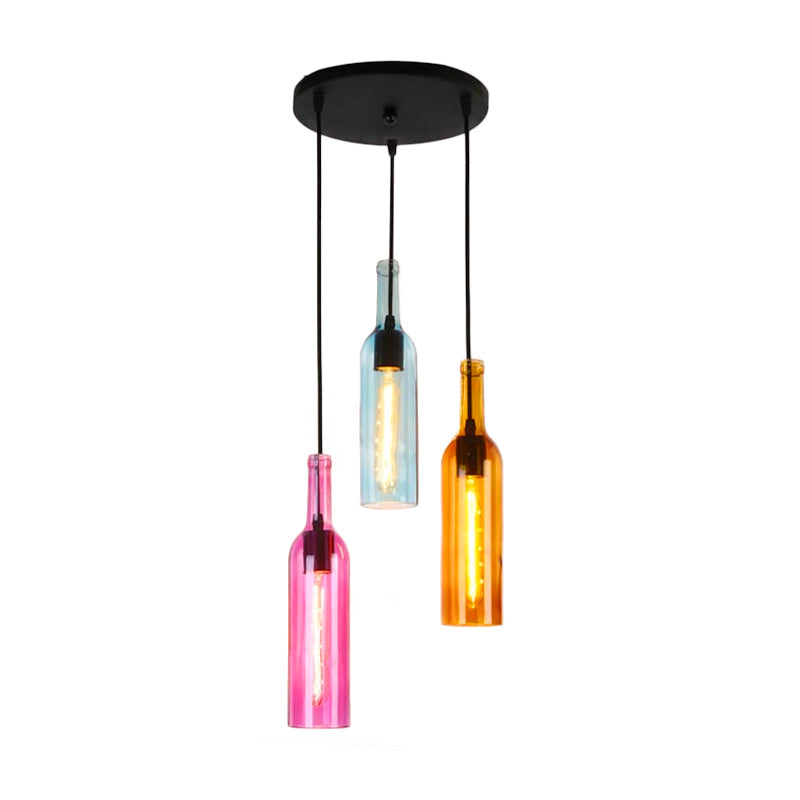 Industrial 3/5-Head Glass Wine Bottle Hanging Light for Restaurants - Black Pendant Lamp with Round/Linear Canopy