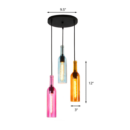 Industrial 3/5-Head Glass Wine Bottle Hanging Light for Restaurants - Black Pendant Lamp with Round/Linear Canopy