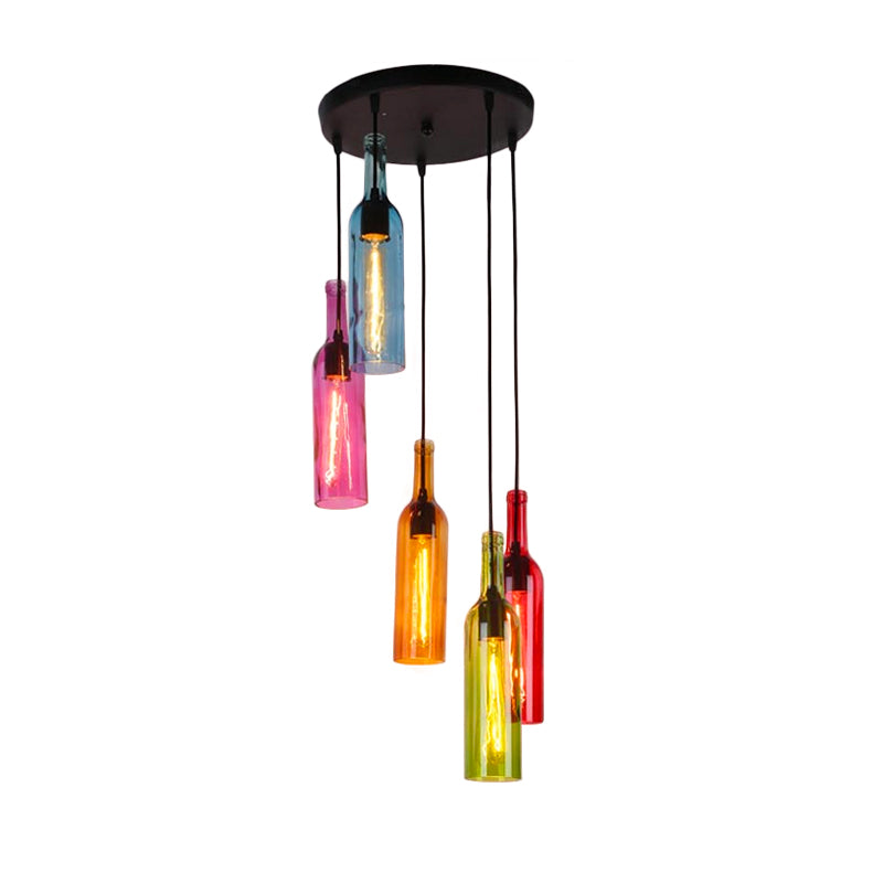 Industrial 3/5-Head Glass Wine Bottle Hanging Light for Restaurants - Black Pendant Lamp with Round/Linear Canopy