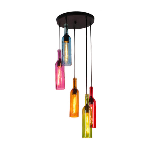 Industrial 3/5-Head Glass Wine Bottle Hanging Light for Restaurants - Black Pendant Lamp with Round/Linear Canopy