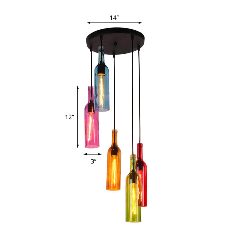 Industrial 3/5-Head Glass Wine Bottle Hanging Light for Restaurants - Black Pendant Lamp with Round/Linear Canopy