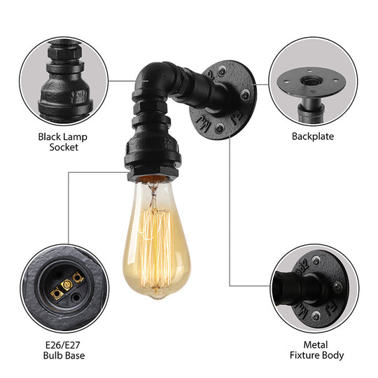 Industrial Bare Bulb Mini Wall Light In Black/Copper For Living Rooms With Metallic Water Pipe