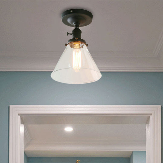 Industrial Black Ceiling Lighting: Semi Flush Light With Clear Glass Cone Shade For Living Room