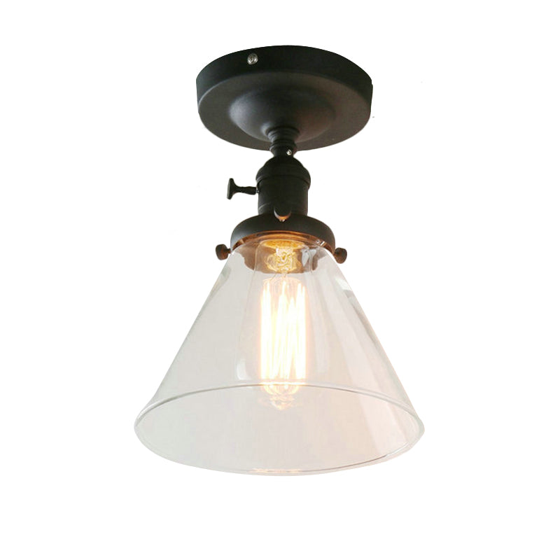 Industrial Black Ceiling Lighting: Semi Flush Light with Clear Glass Cone Shade for Living Room