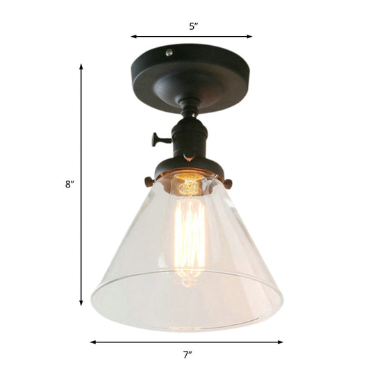 Industrial Black Ceiling Lighting: Semi Flush Light with Clear Glass Cone Shade for Living Room