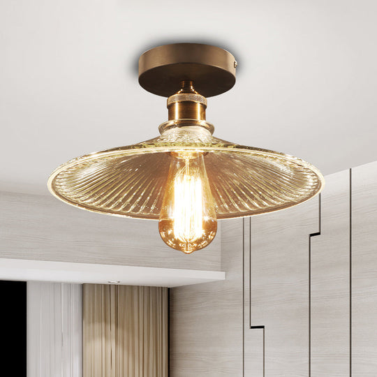 Industrial Mercury Glass Flared Semi Flush Light with Brass Ceiling Mount