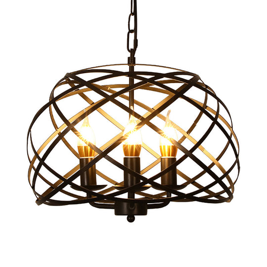 Vintage Open Cage Hanging Chandelier With 3 Candle Lights In Black