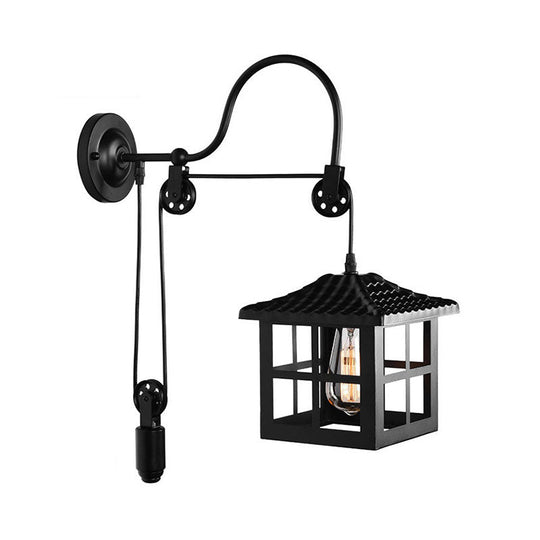 Farmhouse-Style Metal Wall Lamp With Pulley And 1 Light - Square/Rectangle Cage Indoor Décor In