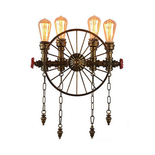 Industrial Rustic Bronze/Silver Metal Sconce Lighting - 4-Light Wheel Wall With Exposed Bulb Ideal