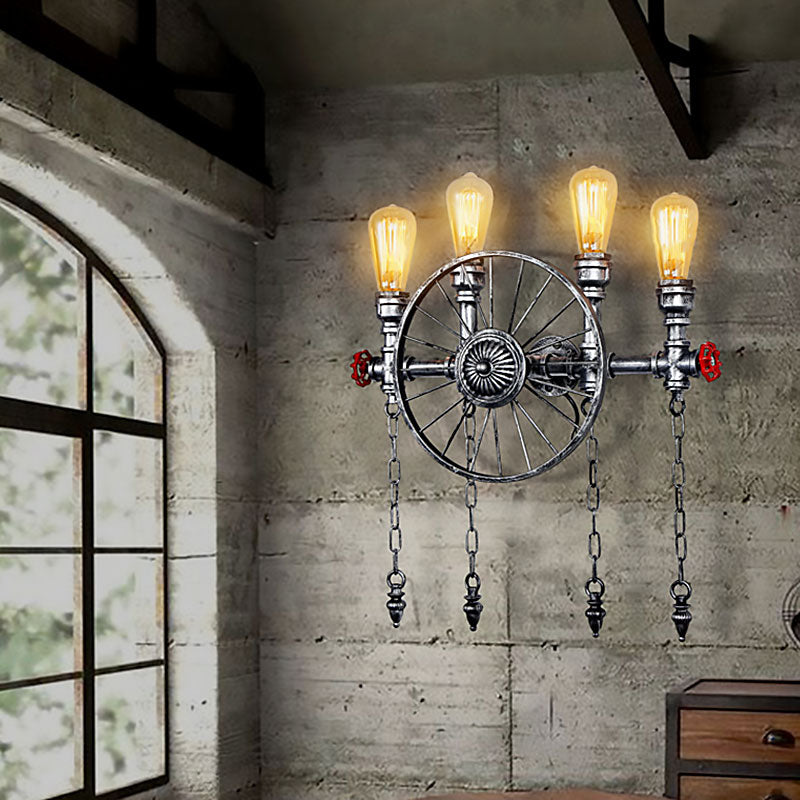 Industrial Rustic Bronze/Silver Metal Sconce Lighting - 4-Light Wheel Wall With Exposed Bulb Ideal