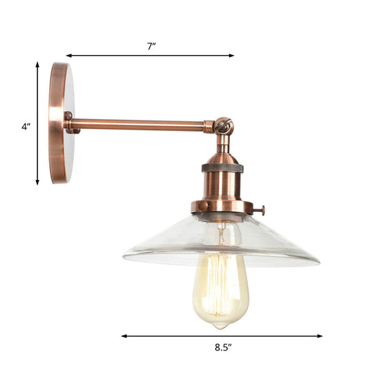 Vintage Clear Glass Conical Bedroom Wall Light With Copper Sconce Lamp