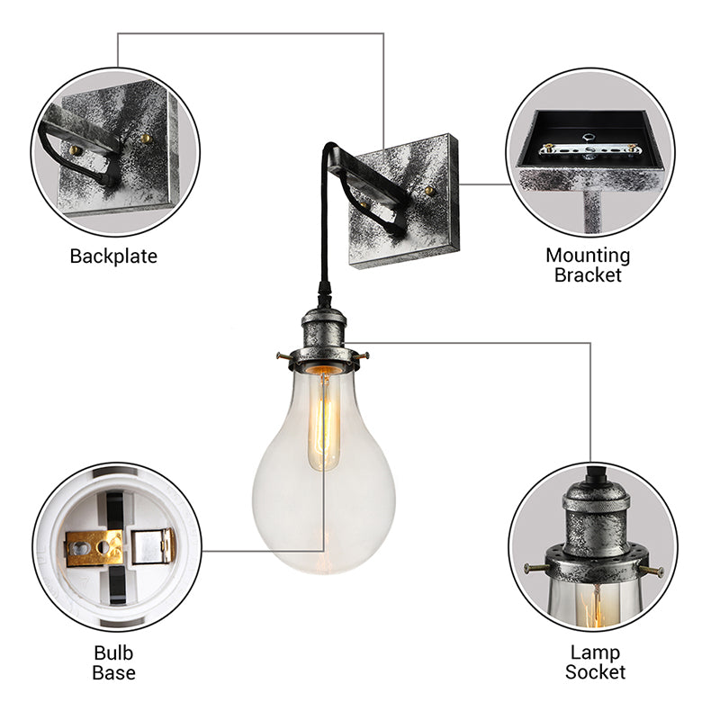 Industrial Black Wall Sconce With Clear Glass Shade And 1 Light For Living Room