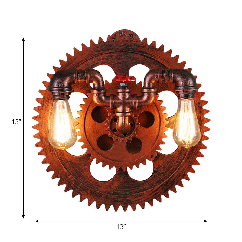 Vintage Style 2-Light Farmhouse Wall Sconce With Iron Exposed Bulbs Copper Finish And Gear