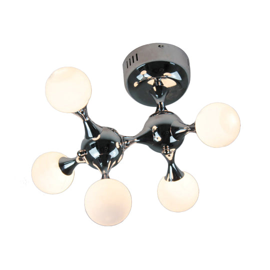 Modern Chrome Molecular Semi Flush Ceiling Lamp with Opal Glass Ball Shade - 5 Bulbs