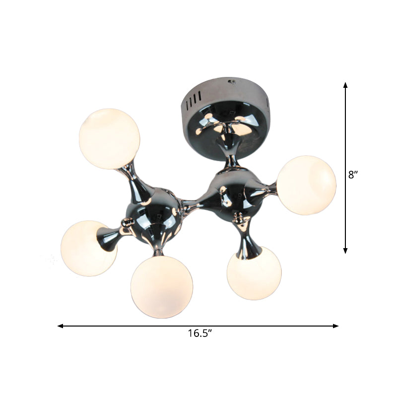 Modern Chrome Molecular Semi Flush Ceiling Lamp with Opal Glass Ball Shade - 5 Bulbs