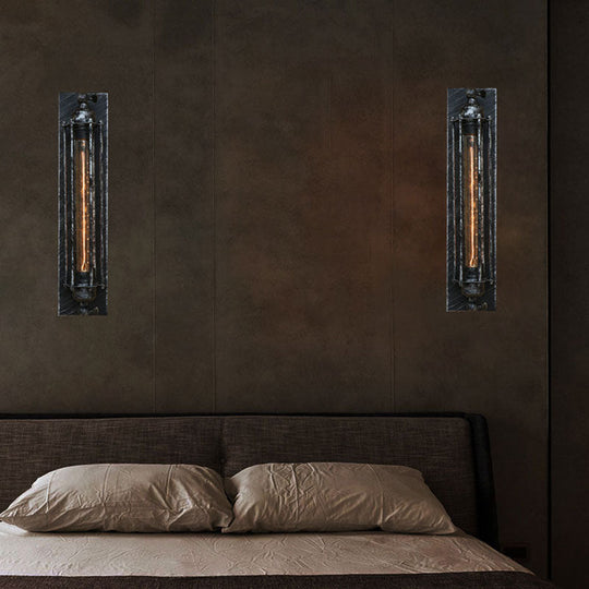 Industrial Black/Silver Metallic 1-Light Linear Wall Sconce - Sleek Wire Frame Design For Bedroom