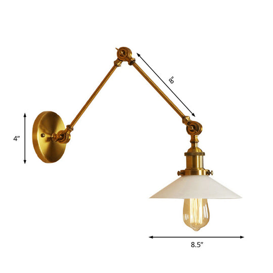 1-Light Saucer Shade Wall Sconce With Swing Arm - Industrial Brass/Bronze Finish And Frosted Glass