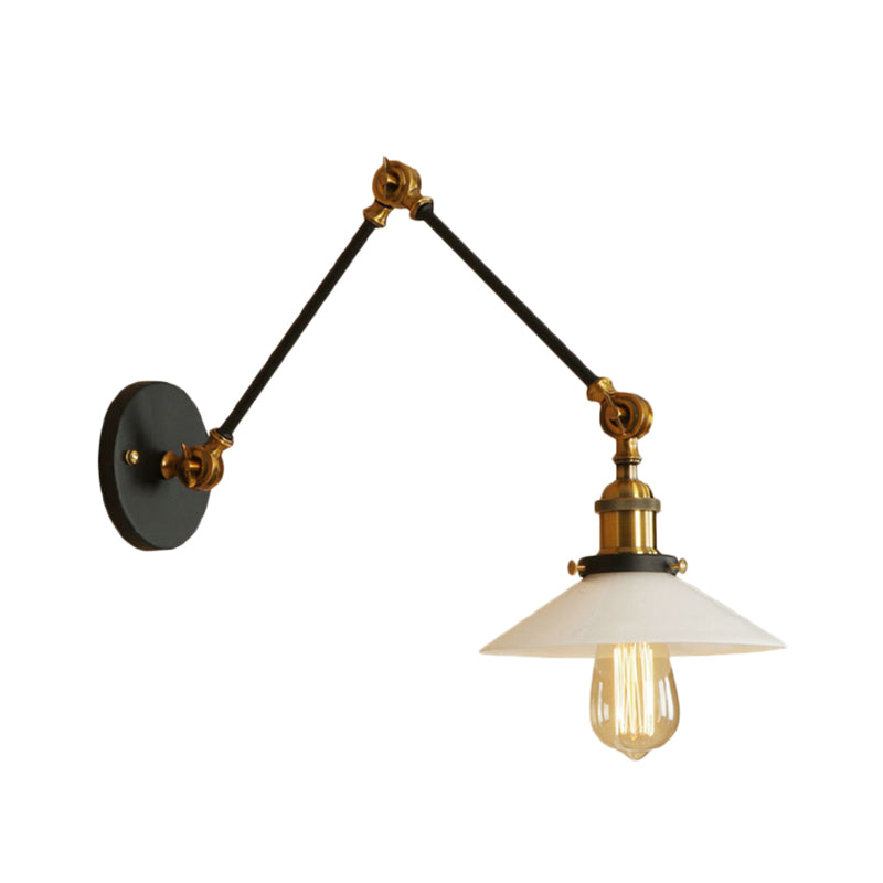 1-Light Saucer Shade Wall Sconce With Swing Arm - Industrial Brass/Bronze Finish And Frosted Glass