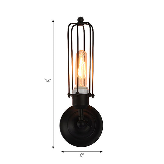 Industrial Black/Rust Metal Wall Sconce With Linear Cage Design For Living Room