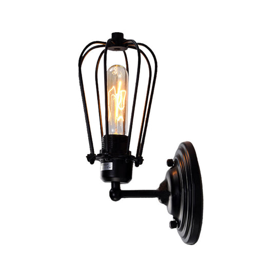 Industrial Black Iron Wall Mount Sconce With Wire Frame - 1 Light Mini Lamp For Corridor