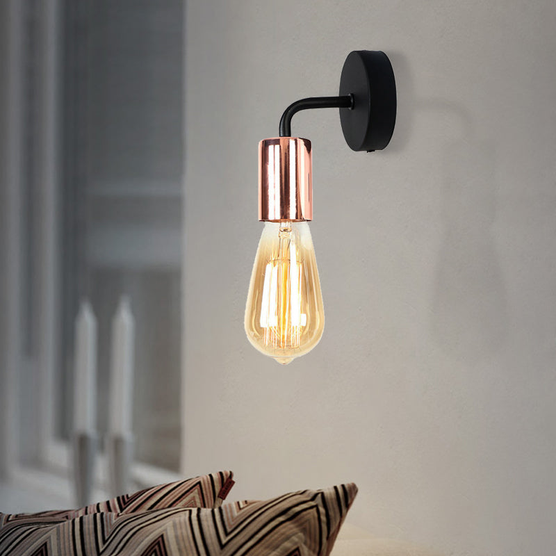 Industrial-Style Brass/Copper Open Bulb Sconce Light With Curved Arm - Metal Bedside Wall Lighting