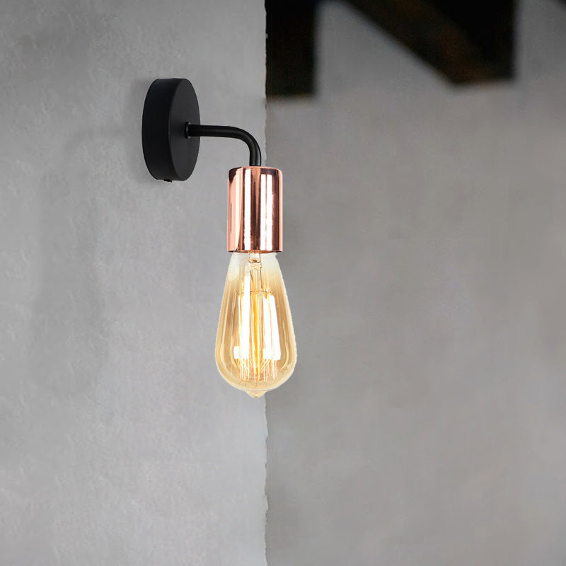 Industrial-Style Brass/Copper Open Bulb Sconce Light With Curved Arm - Metal Bedside Wall Lighting