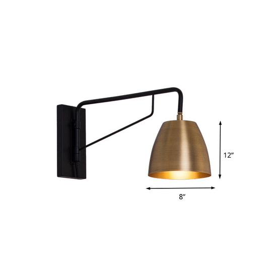 Brass Loft Style Wall Sconce With Metallic Barrel Shade - 1 Light Angle Arm Lighting For Bedroom