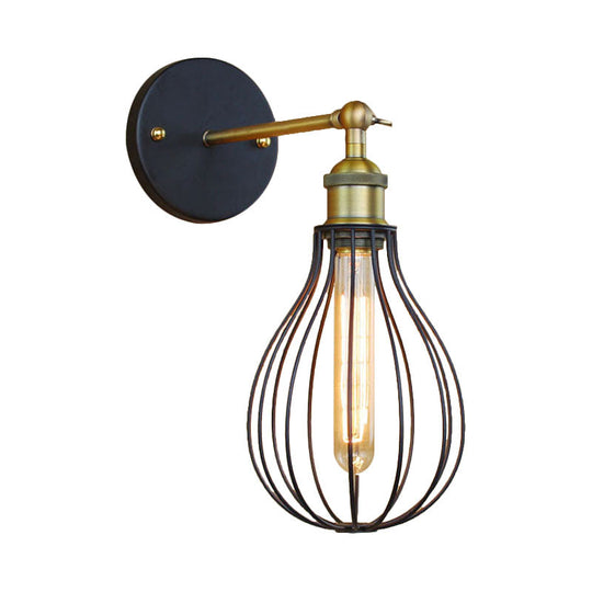 Industrial Black Metal Mini Wall Light Fixture For Bedroom - Cylinder/Teardrop Caged Mount Lighting