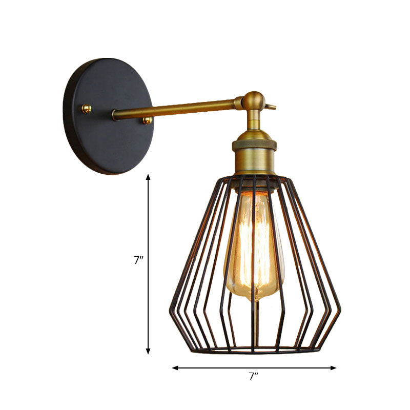 Industrial Black Metal Mini Wall Light Fixture For Bedroom - Cylinder/Teardrop Caged Mount Lighting