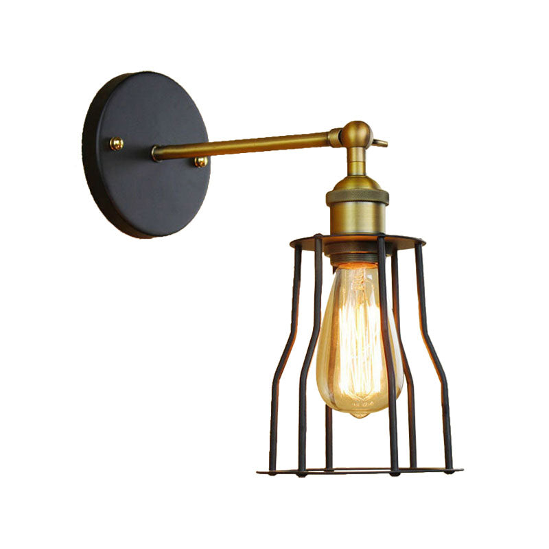 Industrial Black Metal Mini Wall Light Fixture For Bedroom - Cylinder/Teardrop Caged Mount Lighting